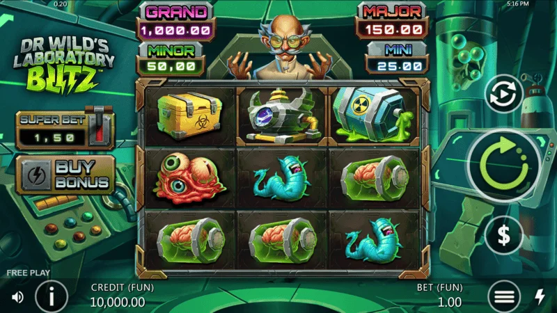 Dr. Wild's Laboratory Blitz - main gameplay screen with reels